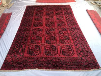 7x12 Vintage Afghan Turkmen Bukhara Rug | Hand Knotted Wool | Elephant Foot Gul Design, Red