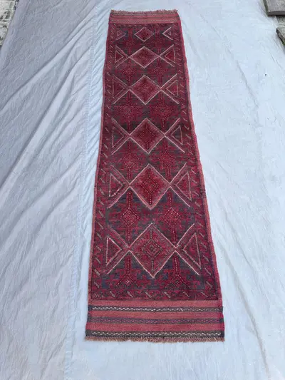 2x7'8 Ft Afghan Baluch Runner Rug | Handwoven Mishwani Wool Carpet | Tribal Red Faded Design | Narrow Hallway 