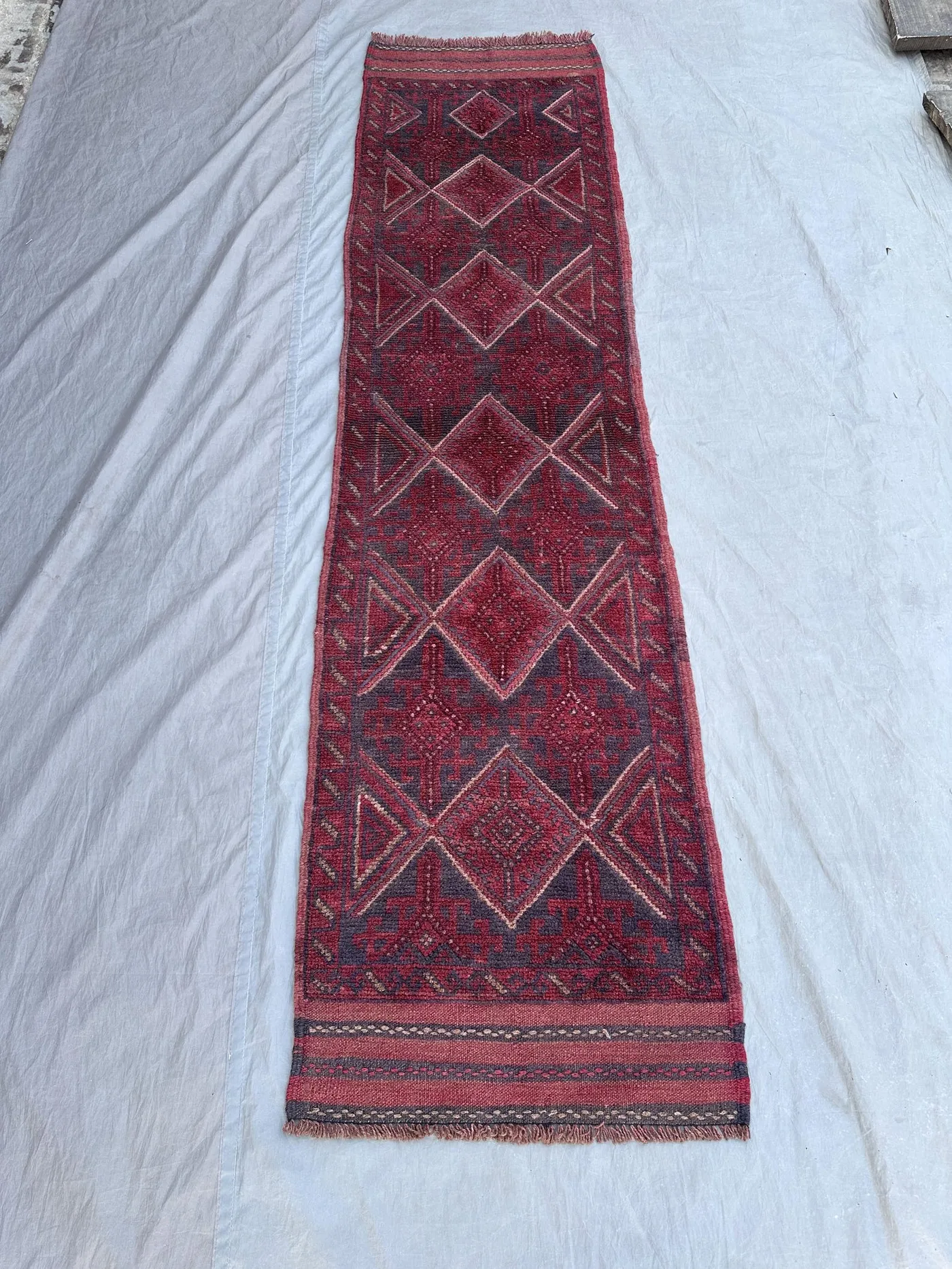 2x7'8 Ft Afghan Baluch Runner Rug | Handwoven Mishwani Wool Carpet | Tribal Red Faded Design | Narrow Hallway Rug, Kitchen Entryway Rug,