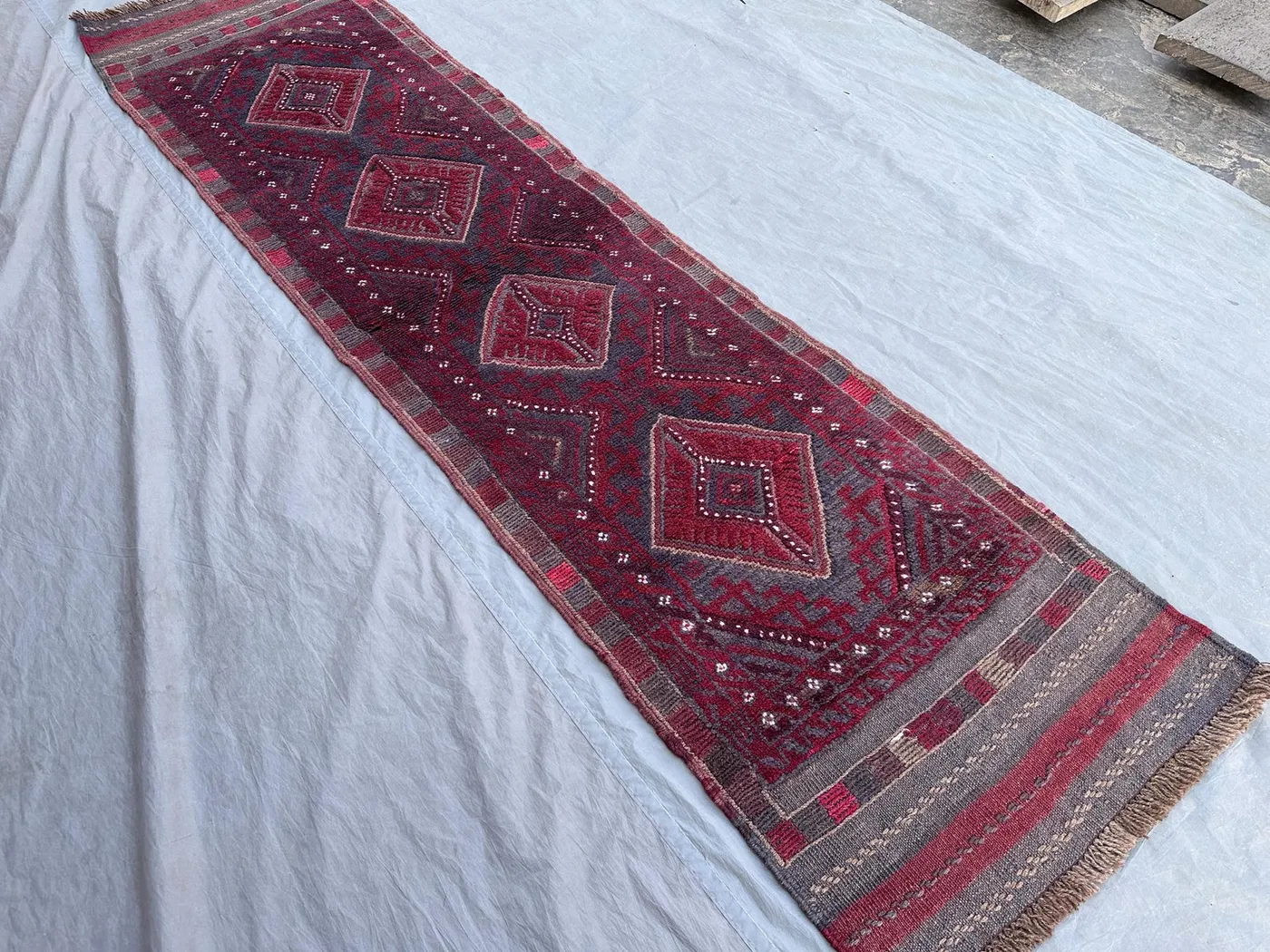 2 x 7'10 ft Antique Afghan Mashwani Runner Rug Hand Knotted Soft Pile Red Navy Geometric Oriantal Hallway Entry Runner