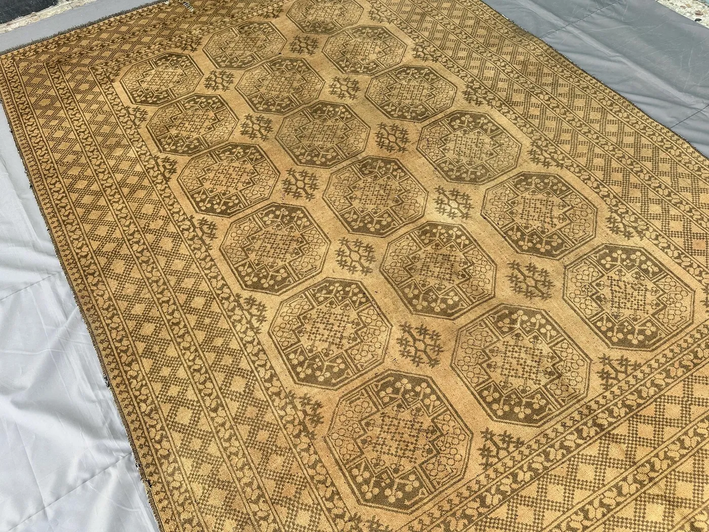 Tonal Gold Afghan Ersari Rug 9x6, Antique Hand-Knotted Wool Carpet, Octagon Tribal Lattice Design, Vintage Living Room Rug