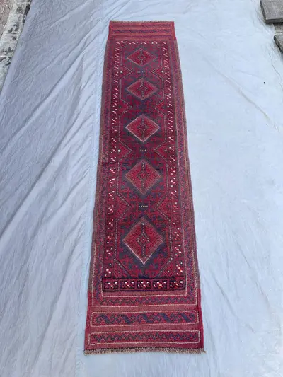1'10x8'3 ft Vintage Afghan Mashwani Runner Rug, Hand-Knotted Tribal Wool for Hallway or Entryway, Red Navy Geo
