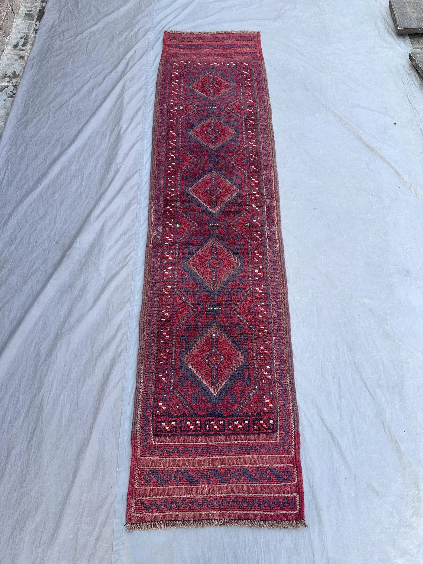 1'10x8'3 ft Vintage Afghan Mashwani Runner Rug, Hand-Knotted Tribal Wool for Hallway or Entryway, Red Navy Geometric Boho Decor