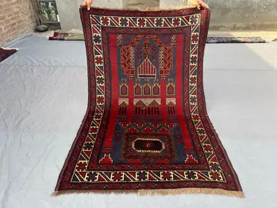 4 x 6'2 ft Red Vintage Afghan Hand-Knotted Baluchi Rug, Fine Tribal Wool Carpet, Soft Pile Oriental Geometric 