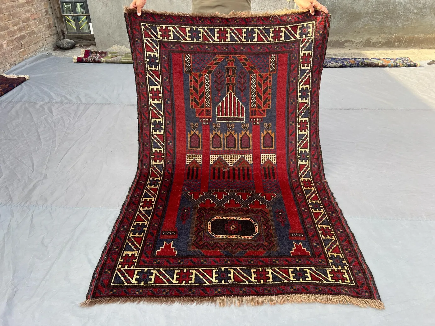 4 x 6'2 ft Red Vintage Afghan Hand-Knotted Baluchi Rug, Fine Tribal Wool Carpet, Soft Pile Oriental Geometric Area Rug, Kitchen Rug Decor