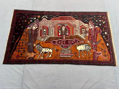 3'4 x 6 ft Brown Vintage Afghan Hand-Knotted Pictorial Rug, Rare Tribal Wool Carpet, Animal & Human Design, On