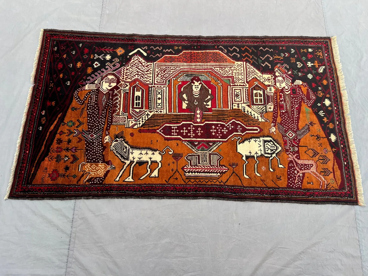 3'4 x 6 ft Brown Vintage Afghan Hand-Knotted Pictorial Rug, Rare Tribal Wool Carpet, Animal & Human Design, One of a Kind Rug, Bedroom Decor