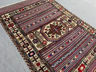 4'5 x 6 Cream Vintage Afghan Hand-Knotted Baluchi Barjesta Rug, Striped Tribal Wool Carpet, Colorful Geometric