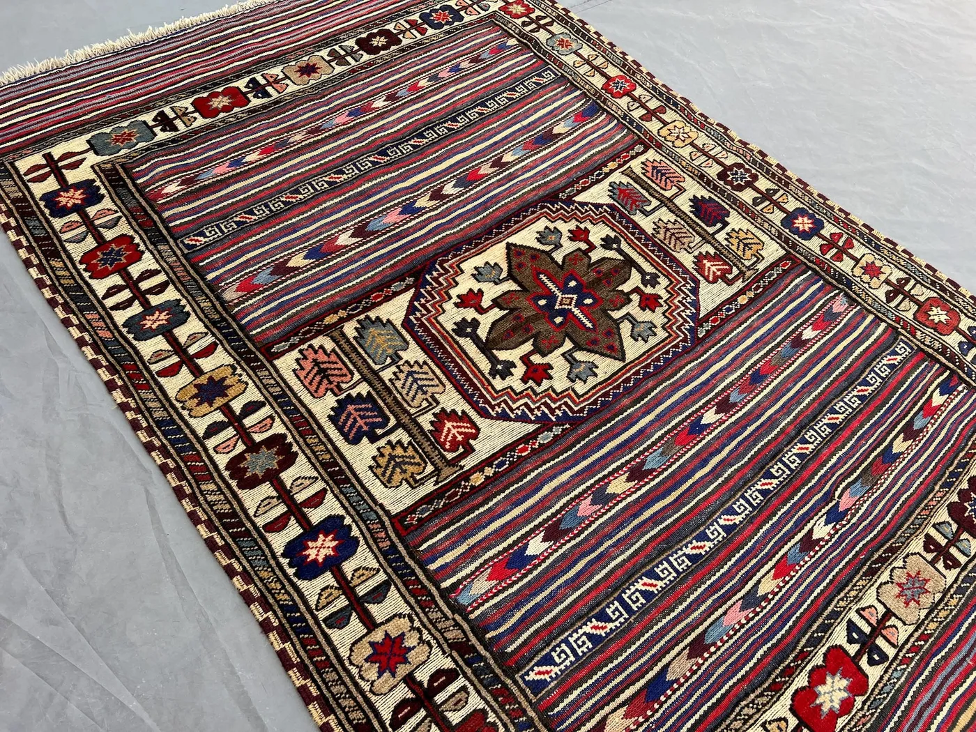 4'5 x 6 Cream Vintage Afghan Hand-Knotted Baluchi Barjesta Rug, Striped Tribal Wool Carpet, Colorful Geometric Rug, Boho Decor, Bedroom Rug