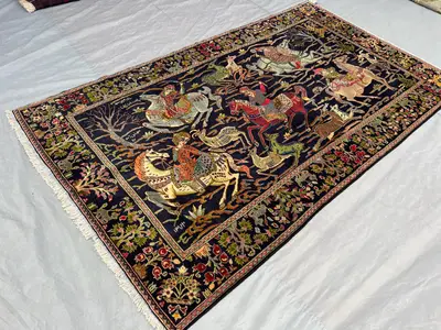 4'6 x 7'9 ft Black Vintage Afghan Rug, Hand-Knotted Pictorial Rug, Rare Hunting Scene Carpet, One of a Kind Ar