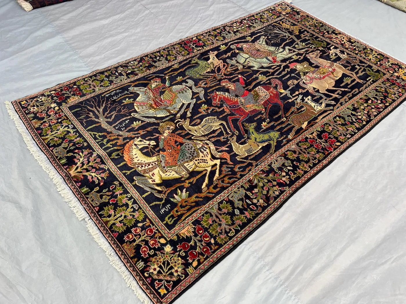 4'6 x 7'9 ft Black Vintage Afghan Rug, Hand-Knotted Pictorial Rug, Rare Hunting Scene Carpet, One of a Kind Art Rug, Collectible Rug Decor