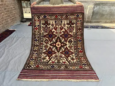 4'2 x 6'2 Cream Vintage Afghan Baluchi Barjesta Rug, Hand-Knotted Wool Tribal Carpet, Geometric Pattern Boho D