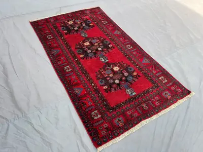 3'9 x 5'10 ft Red Vintage Afghan Baluchi Floral Rug, Hand-Knotted Wool Carpet, Soft Pile Tribal Design Orienta