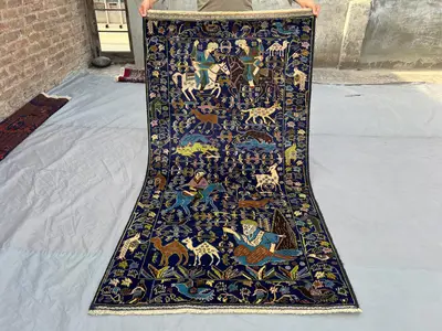 3'6 x 6'7 ft Blue Vintage Afghan Baluchi Pictorial Animal Hunting Rug, Hand-Knotted Tribal Wool Carpet, Soft U