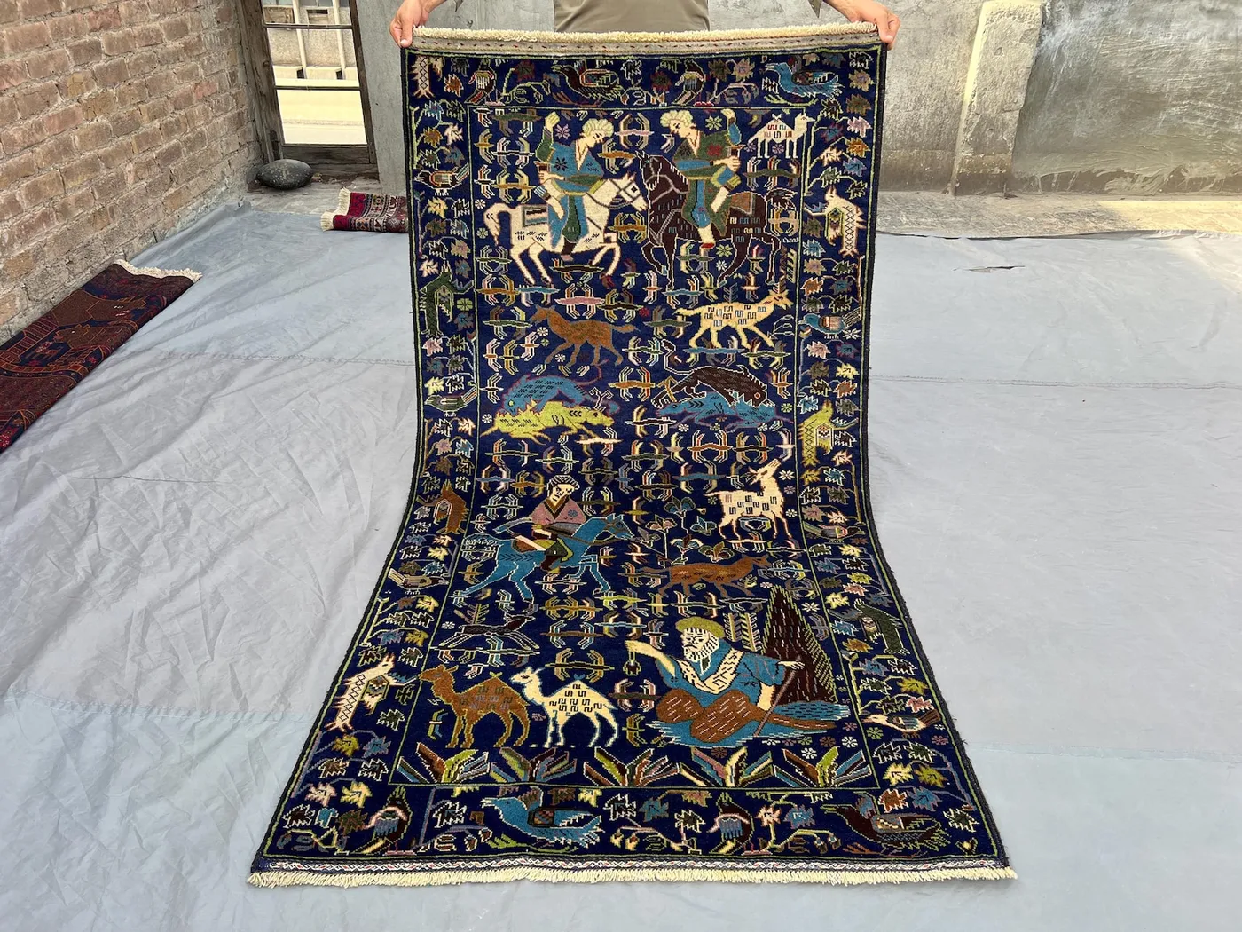 3'6 x 6'7 ft Blue Vintage Afghan Baluchi Pictorial Animal Hunting Rug, Hand-Knotted Tribal Wool Carpet, Soft Unique Art Rug, Farmhouse Decor