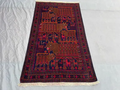 3'11 x 6'9 ft Vintage Afghan Hand-Knotted Baluchi Pictorial Rug, Animal Hunting Design, Rare Collectible Triba