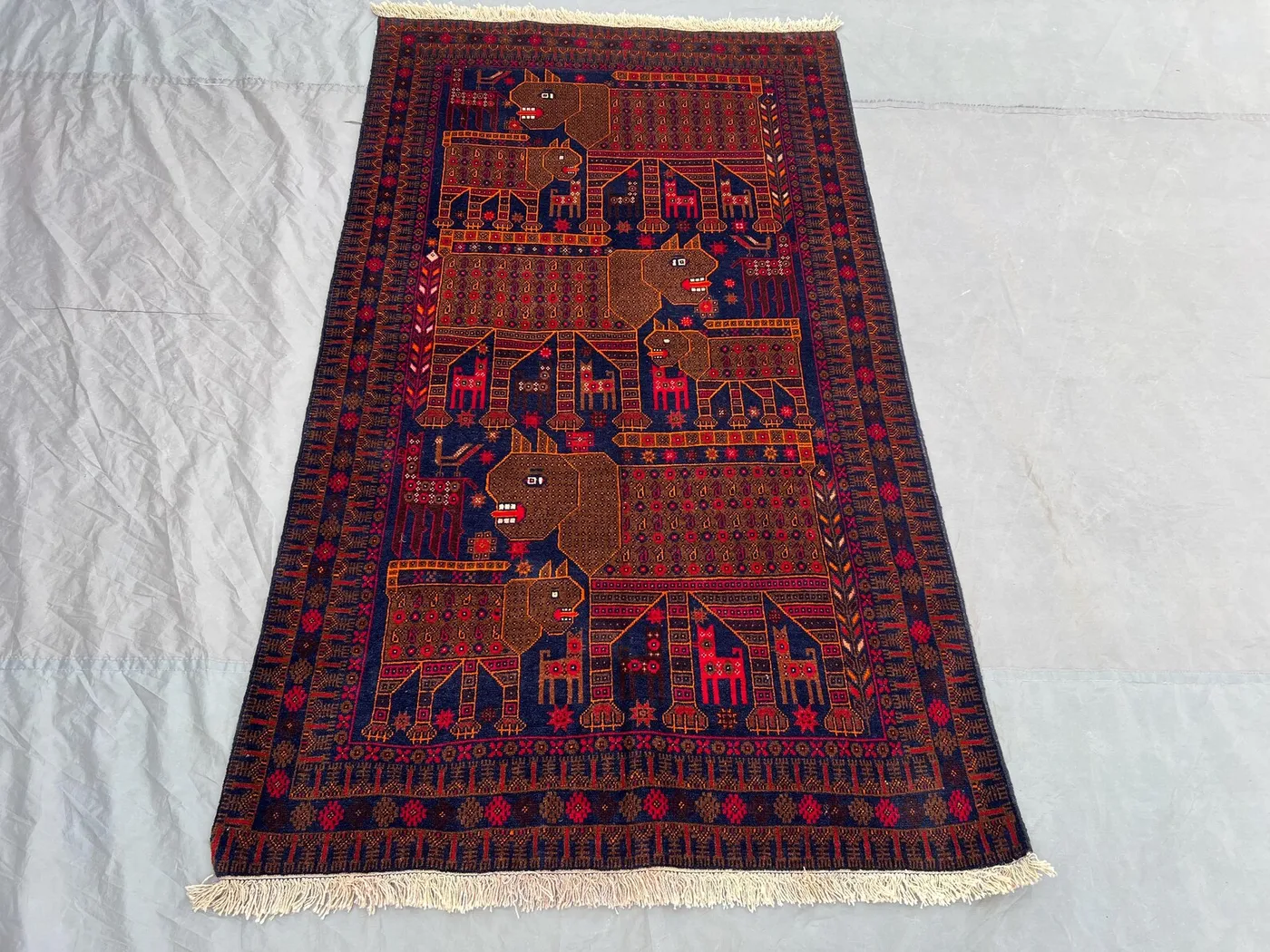 3'11 x 6'9 ft Vintage Afghan Hand-Knotted Baluchi Pictorial Rug, Animal Hunting Design, Rare Collectible Tribal Wool Carpet, Ofiice Rug