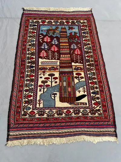 Vintage Afghan Pictorial Rug 4x6, Hand Knotted Tribal Wool Area Rug, Tower Scene Wall Decor, Colorful Boho Liv