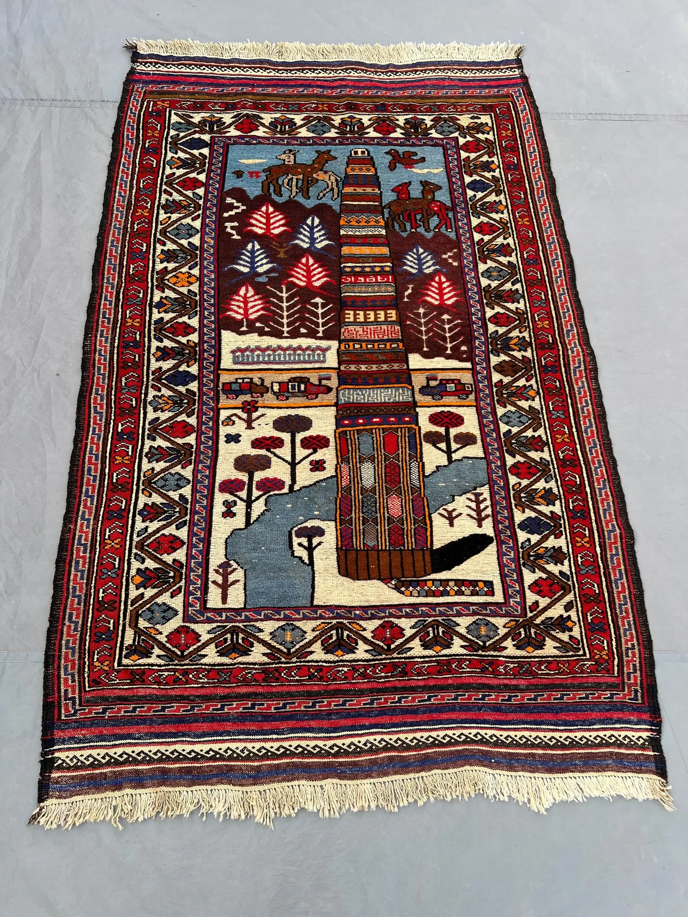 Vintage Afghan Pictorial Rug 4x6, Hand Knotted Tribal Wool Area Rug, Tower Scene Wall Decor, Colorful Boho Living Room Carpet Handmade Art