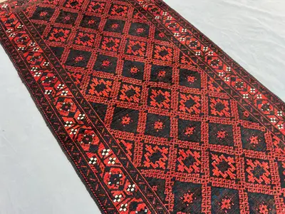 3.5x6.8 Antique Afghan Hand Knotted Rug, Baluchi Rug Red Black Geometric Rug, Diamond Pattern Tribal Wool Carp