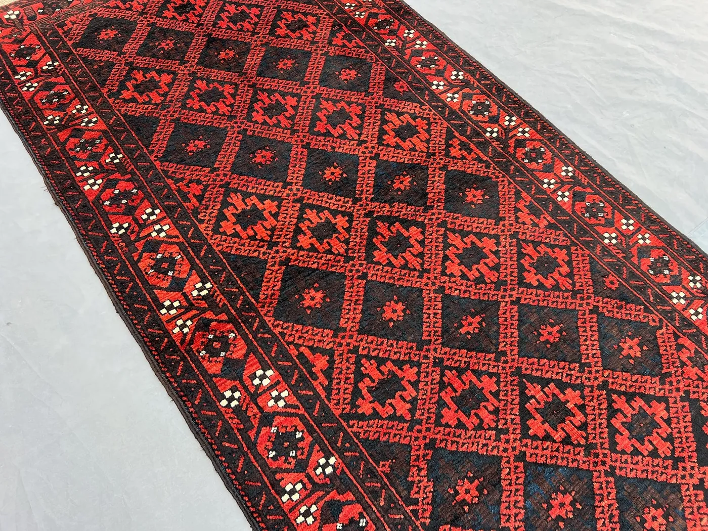 3.5x6.8 Antique Afghan Hand Knotted Rug, Baluchi Rug Red Black Geometric Rug, Diamond Pattern Tribal Wool Carpet, Rare Soft Area Rug Decor