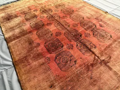 1970s Afghan Rug 9x6, Antique Hand-Knotted Wool Carpet, Coral Orange Tribal Octagon Design, Vintage Distressed