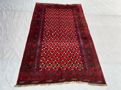 Vintage Afghan Baluchi Rug 5x7, Hand Knotted Red Navy Wool Area Rug, Tribal Geometric Carpet, Boho Living Room