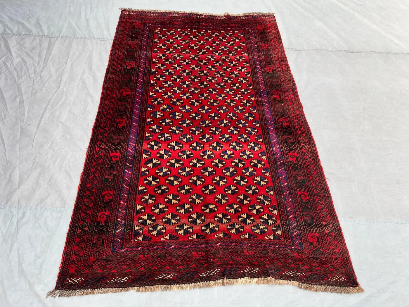 Vintage Afghan Baluchi Rug 5x7, Hand Knotted Red Navy Wool Area Rug, Tribal Geometric Carpet, Boho Living Room Bedroom Rug Handmade Decor