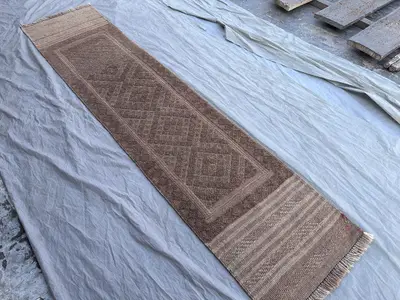 1'9 x 8'4 Afghan Hand Knotted Vintage Rare Soft Pile One of a Kind Narrow Runner Terracotta Color Faded Mishwa
