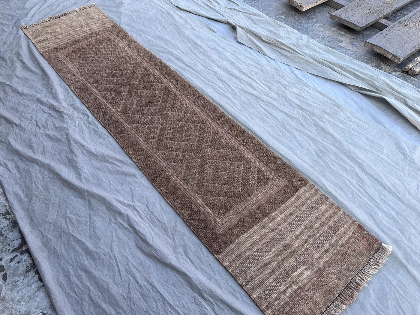 1'9 x 8'4 Afghan Hand Knotted Vintage Rare Soft Pile One of a Kind Narrow Runner Terracotta Color Faded Mishwani Design | Living room decor