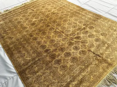 Afghan Mauri Rug 8x6, Antique Hand-Knotted Wool Carpet, Gold Tribal Turkmen Lattice Design, Vintage Living Roo
