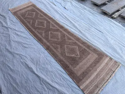 Terracotta "1'11x7'11 ft Hand-Knotted Afghan Mishwani Runner Rug Tribal Geometric Pattern Wool Hallway Carpet 