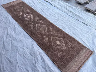 1'10 x 7'9 Afghan Hand Knotted Vintage Rare Soft Pile One of a Kind Narrow Runner Terracotta Color Faded Mishw