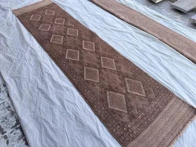 1'2 x 8'3 Antique Afghan Handmade Runner Rug | Tribal Mishwani Baluch Wool Rug | Vintage Terracotta Hallway Ca