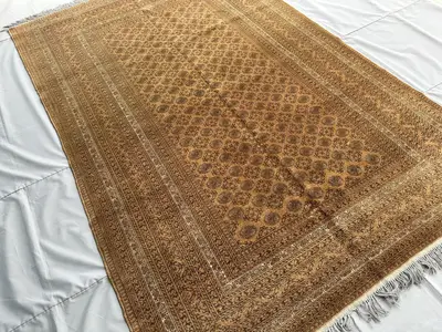 1970s Afghan Mauri Rug 9x6, Antique Hand-Knotted Wool Carpet, Camel Tribal Turkmen Lattice Design, Vintage Liv