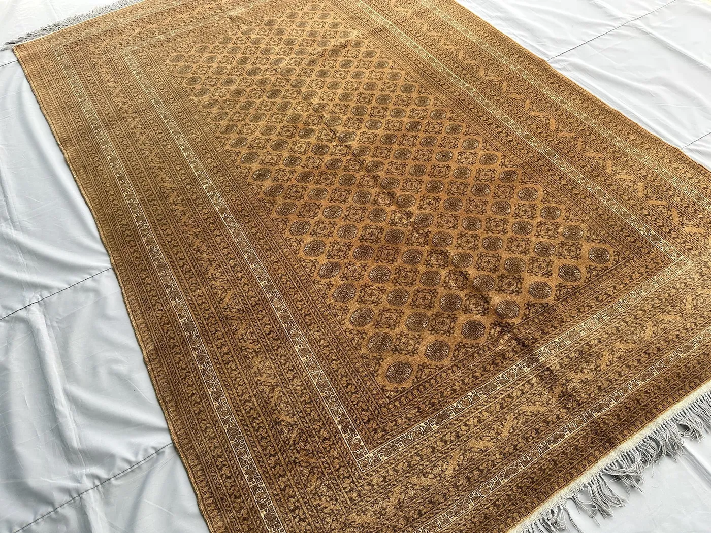1970s Afghan Mauri Rug 9x6, Antique Hand-Knotted Wool Carpet, Camel Tribal Turkmen Lattice Design, Vintage Living Room Rug, Boho Area Rug