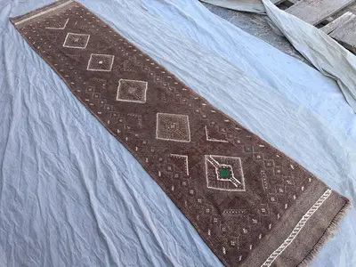 1'11x 8'4 Afghan Hand Knotted Vintage Rare Soft Pile One of a Kind Narrow Runner Terracotta Color Faded Mishwa