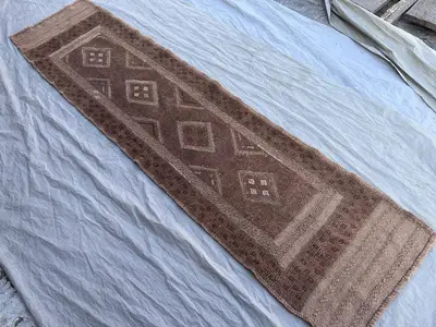 2 x 7'7 Afghan Hand Knotted Vintage Rare Soft Pile One of a Kind Narrow Runner Terracotta Color Faded Mishwani