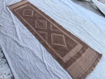 1'11 x 7'5 Afghan Hand Knotted Vintage Rare Soft Pile One of a Kind Narrow Runner Terracotta Color Faded Mishw