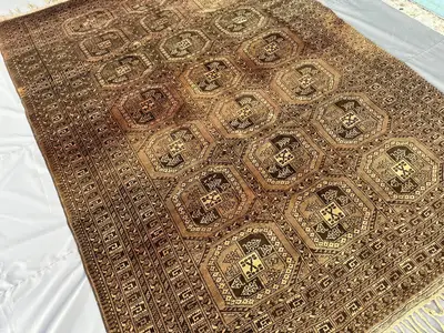 Dark Brown Afghan Ersari Rug 8x6, Antique Hand-Knotted Wool Carpet, Octagon Tribal Box Pattern, Vintage Living