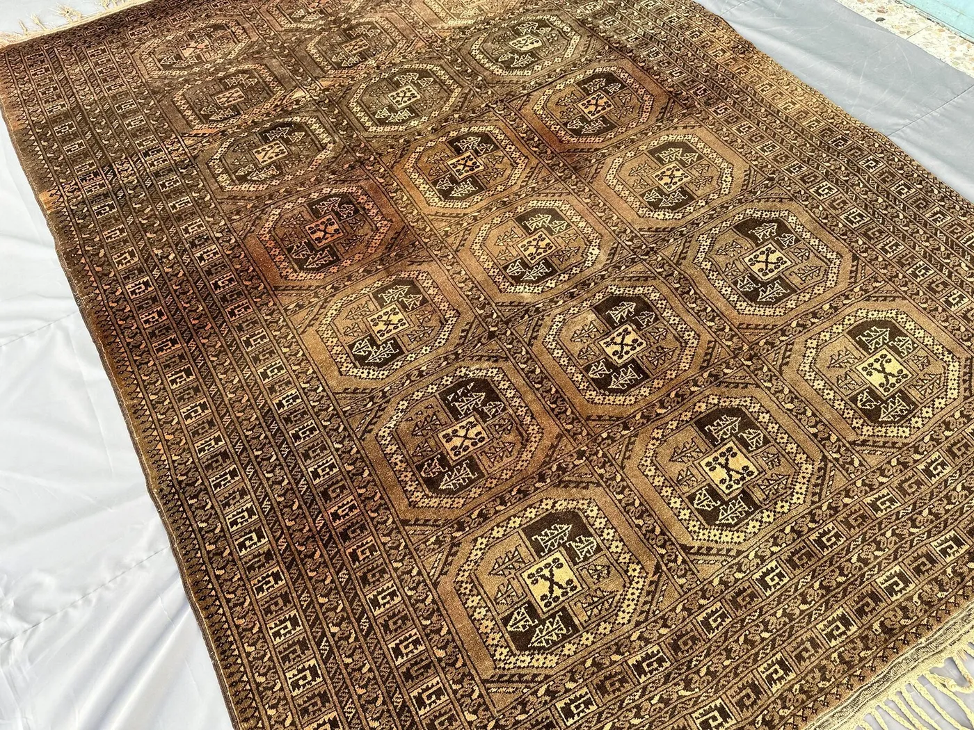 Dark Brown Afghan Ersari Rug 8x6, Antique Hand-Knotted Wool Carpet, Octagon Tribal Box Pattern, Vintage Living Room Rug