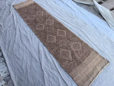 2'0 x 7'11 Afghan Hand Knotted Vintage Rare Soft Pile One of a Kind Narrow Runner Terracotta Color Faded Mishw