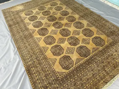 1970s Afghan Ersari Rug 9x6, Antique Hand-Knotted Wool Carpet, Gold Tribal Octagon Medallion Design, Vintage L