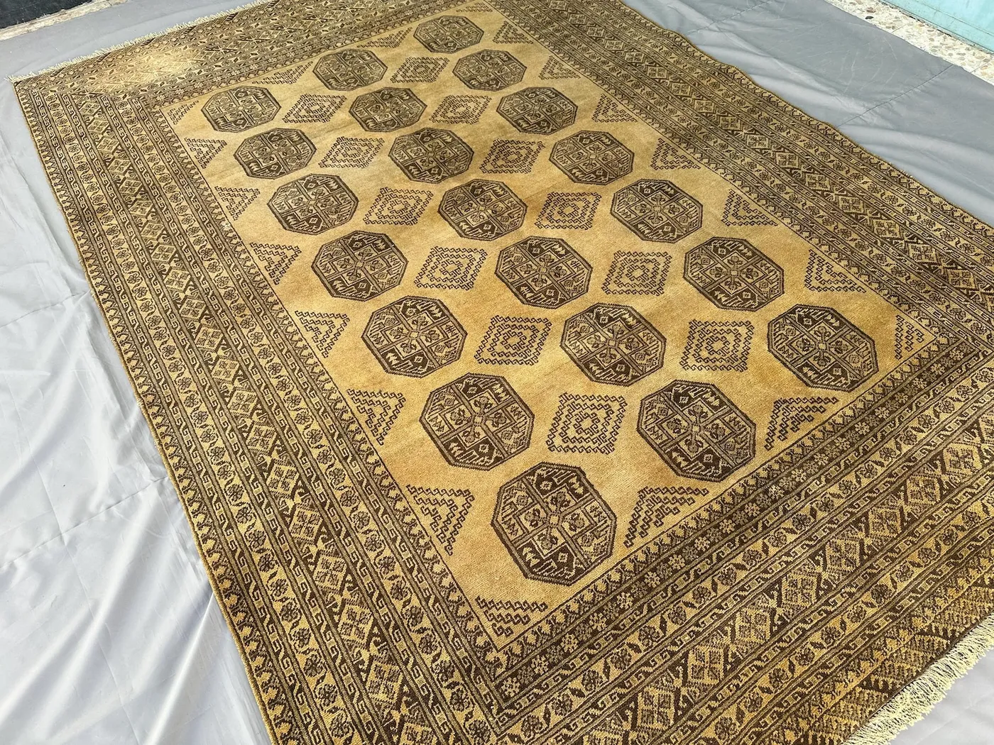 1970s Afghan Ersari Rug 9x6, Antique Hand-Knotted Wool Carpet, Gold Tribal Octagon Medallion Design, Vintage Living Room Rug, Boho Area Rug