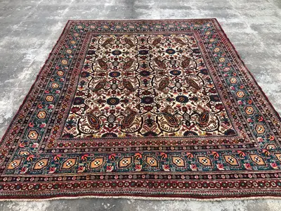 8x10 Persian-Style Boteh Paisley Rug | Antique 1970s Afghan Hand Knotted Wool | Ivory Teal Allover Paisley Med