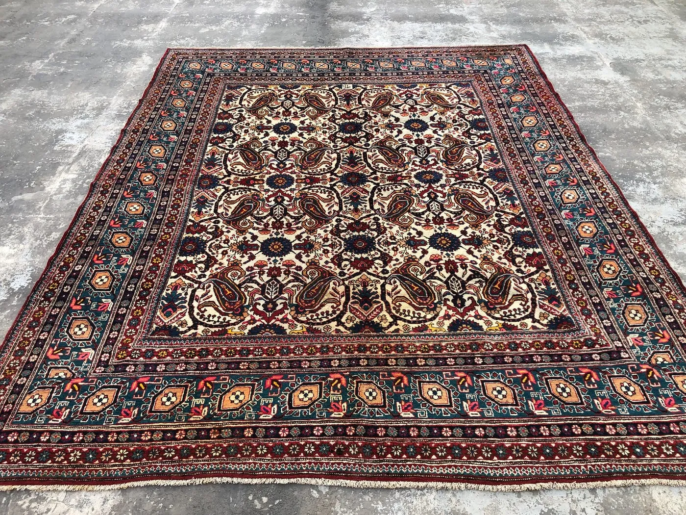 8x10 Persian-Style Boteh Paisley Rug | Antique 1970s Afghan Hand Knotted Wool | Ivory Teal Allover Paisley Medallion Carpet