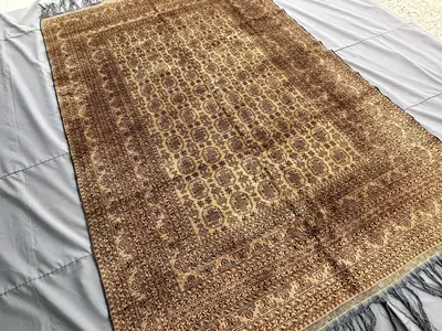 1970s Antique Afghan Mauri Rug 9x6, Hand-Knotted Wool Carpet, Tan Tribal Turkmen Octagon Design, Vintage Livin