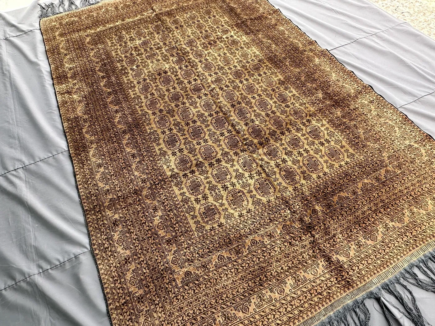 1970s Antique Afghan Mauri Rug 9x6, Hand-Knotted Wool Carpet, Tan Tribal Turkmen Octagon Design, Vintage Living Room Rug, Boho Area Rug