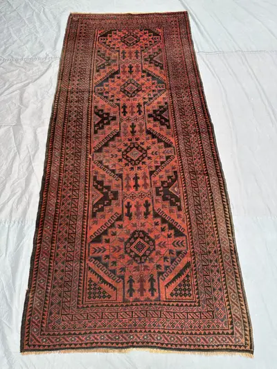 4x9 ft Afghan Hand-Knotted Vintage Low Pile Distressed Balochi Rug, Tribal Geometric Runner, living room, bedr