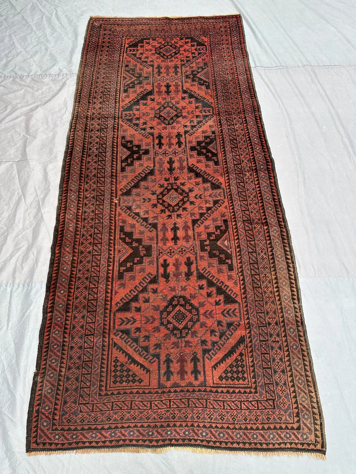 4x9 ft Afghan Hand-Knotted Vintage Low Pile Distressed Balochi Rug, Tribal Geometric Runner, living room, bedroom, farmhouse, entryway decor